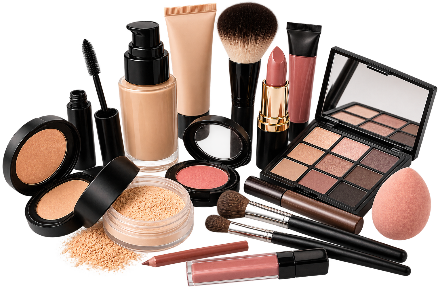 Selección de productos de maquillaje para pieles maduras: base, labiales, máscara de pestañas y sombras